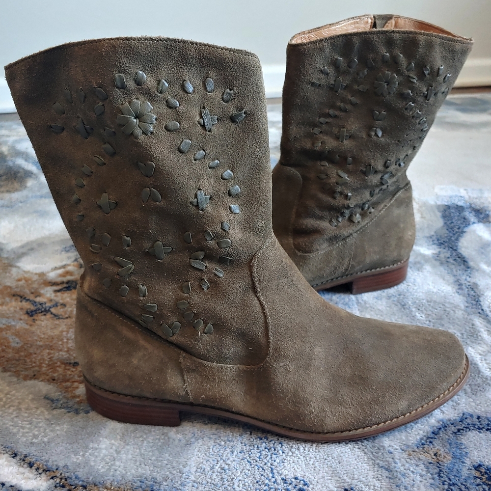Jack Rogers Olive Suede Embellished Mid Calf Booties 9.5